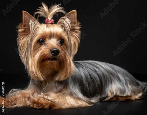 Retrato de estudio de un Yorkshire terrier tumbado con fondo negro