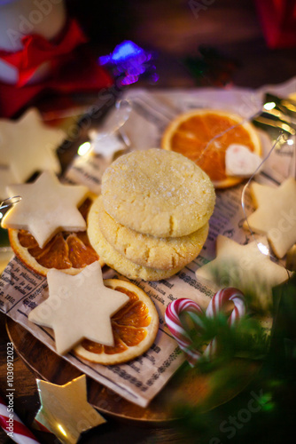 Lemon twinkle Christmas cookies on holiday background