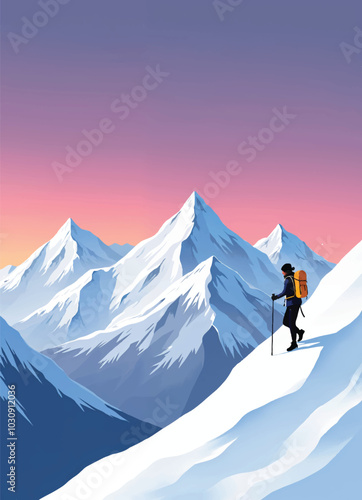 a man is hiking up a snowy mountain with snowy mountain peaks in the background