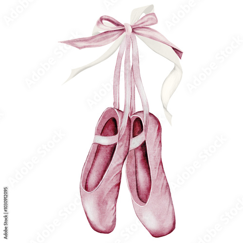 Pointe shoes watercolor. Hand drawn pink ballerina accessories postcard on isolated white background. Clip art of elegant satin ballet shoes with space for name inscription. Ideal card for ballet and