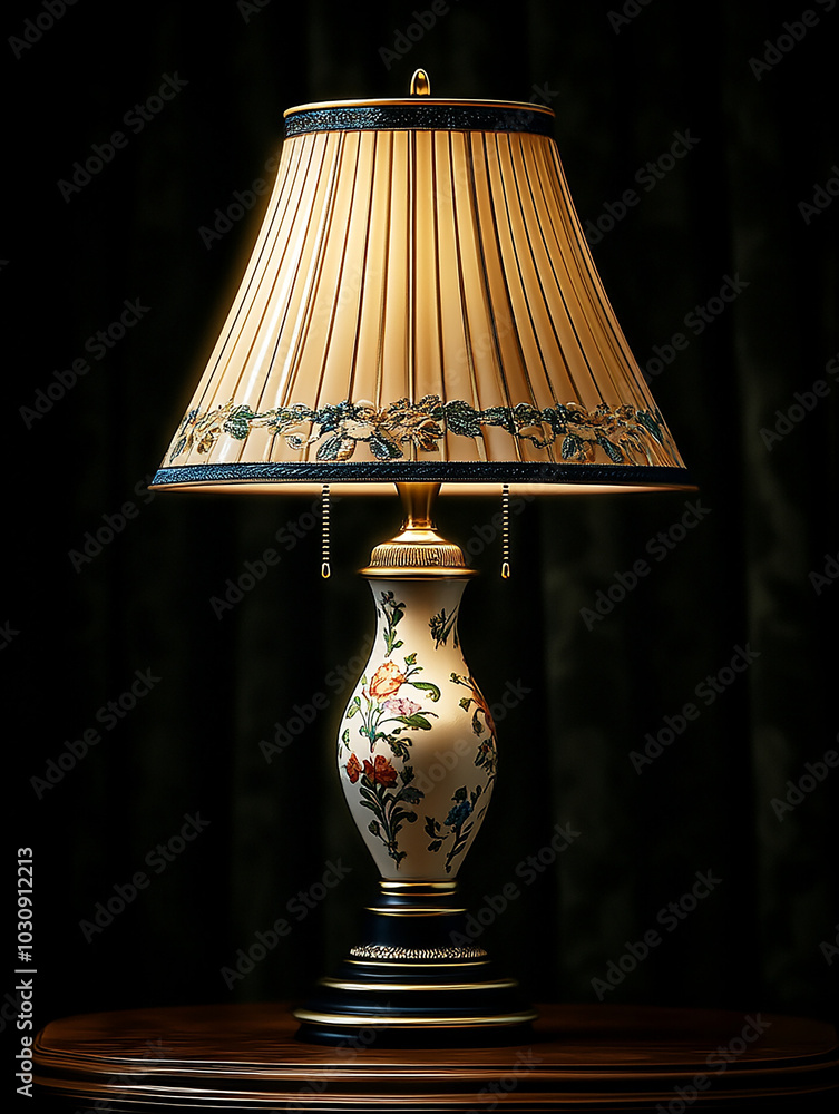 a beautiful and elegant lamp lit on the shelf in the dark room. a beautiful and elegant lamp lit on the shelf in the dark room.