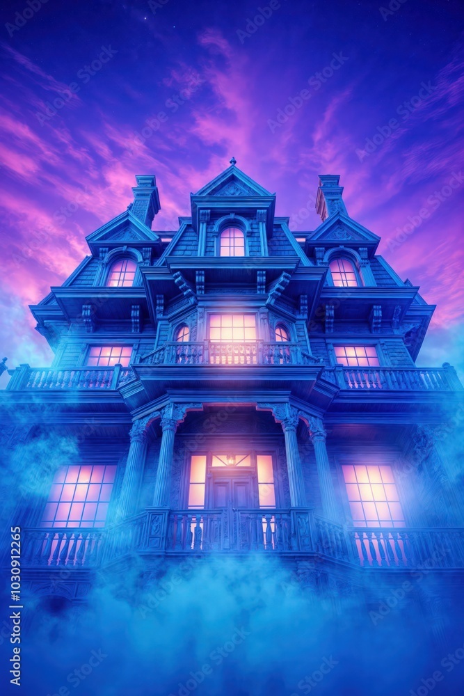 Obraz premium Gothic mansion at twilight with glowing windows and eerie clouds in the sky