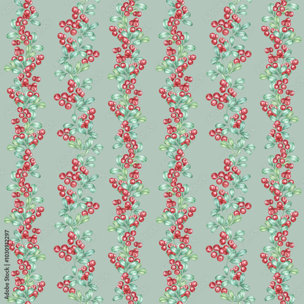 Obraz premium A seamless watercolor pattern of cranberry clusters on a pale teal background. This hand-painted red lingonberry clipart with leaves can be used for custom fabric, packaging designs, or greeting cards