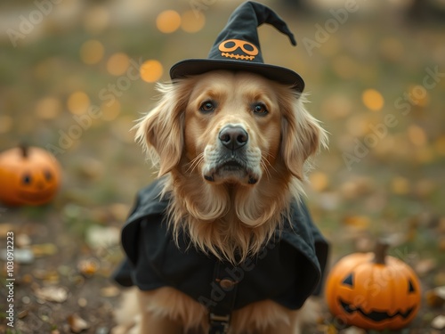 a cute golden retriever dog in halloween costume