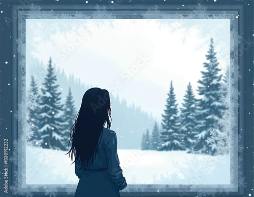 vector of a woman looking out a snowflakes covered window with snowy pine trees in the background