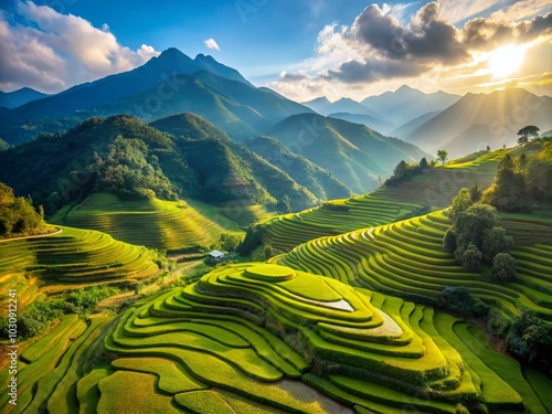 Stunning Aerial View of Rice Terraces in a Serene Mountain Landscape for Nature Lovers