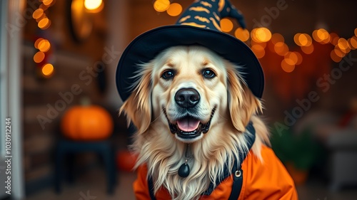 a cute golden retriever dog in halloween costume