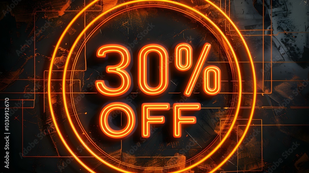 Orange '30% OFF' Neon Sign on an elegant Dark Background Orange '30% OFF' Neon Sign on an elegant Dark Background