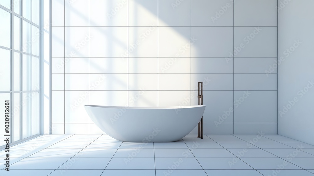 Sunlight streaming through a large window illuminating a minimalist bathroom featuring a freestanding bathtub and white tiles Sunlight streaming through a large window illuminating a minimalist bathroom featuring a freestanding bathtub and white tiles
