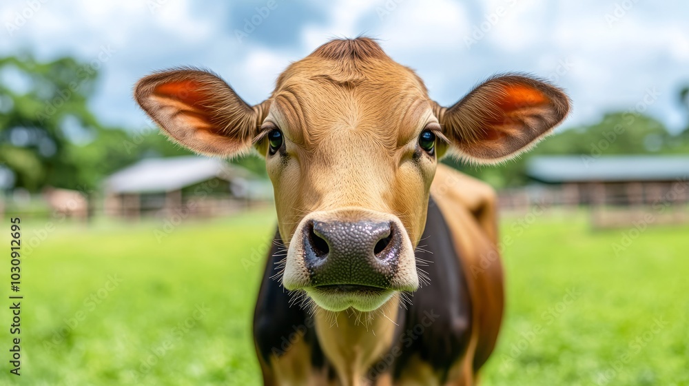 A close-up shot of a brown and black cow looking directly at the camera. The cow has large, dark eyes and a wet nose. It stands in a grassy field with a blurred background. A close-up shot of a brown and black cow looking directly at the camera. The cow has large, dark eyes and a wet nose. It stands in a grassy field with a blurred background.
