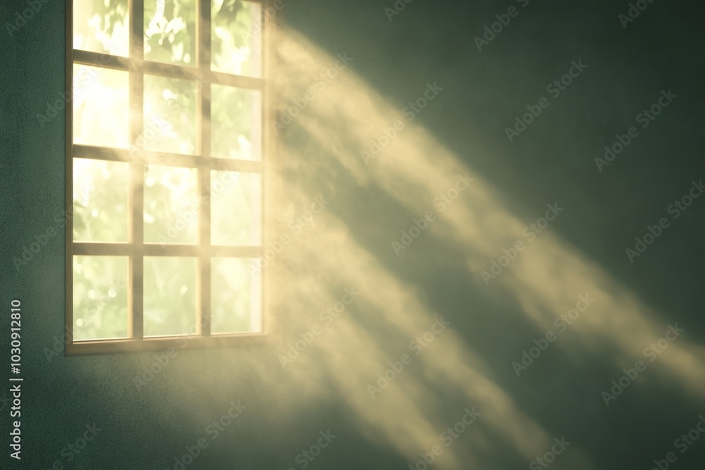 Fototapeta premium Sunlight streaming through window onto wall with greenery shadow
