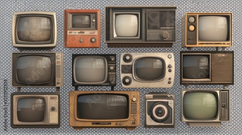 group of old televisions on a transparent background photo