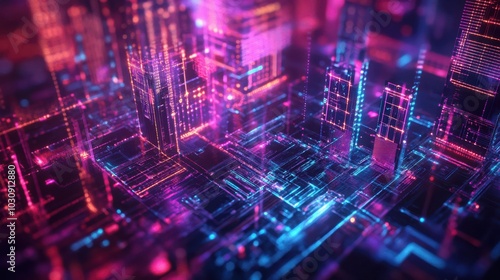 Wallpaper Mural A sleek 3D abstract techno illustration with a mystical database, glowing neon light, and dynamic geometrical elements in a futuristic style. Torontodigital.ca