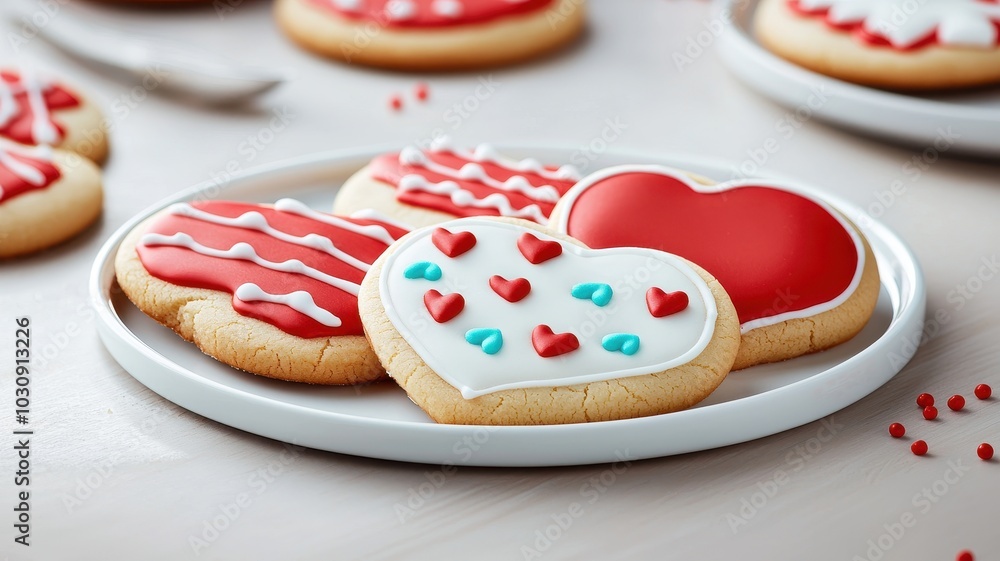 A plate of decorated heart-shaped cookies with colorful icing and sprinkles, perfect for celebrations and sweet treats. A plate of decorated heart-shaped cookies with colorful icing and sprinkles, perfect for celebrations and sweet treats.