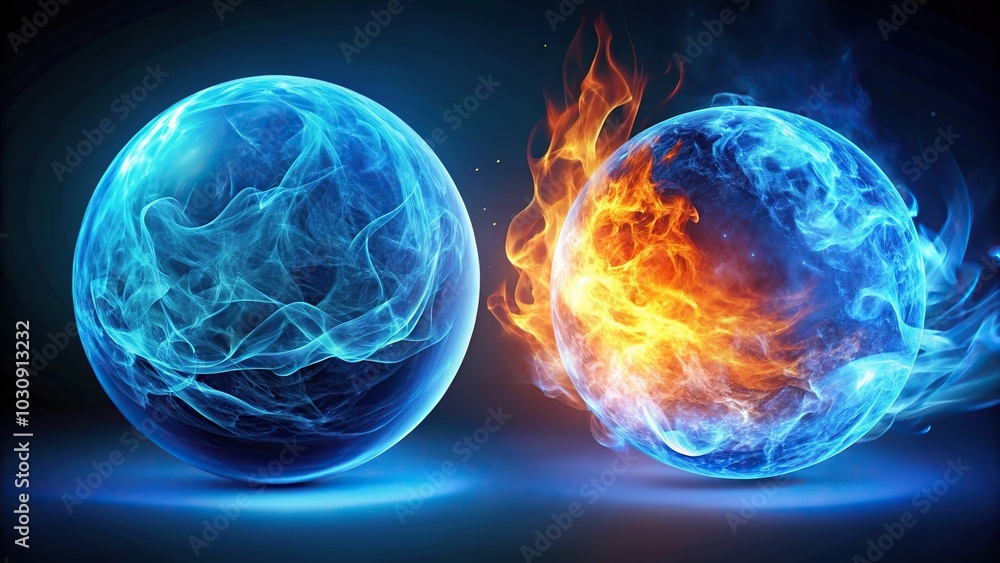Extreme close-up of blue sphere catching blue and normal fire Extreme close-up of blue sphere catching blue and normal fire