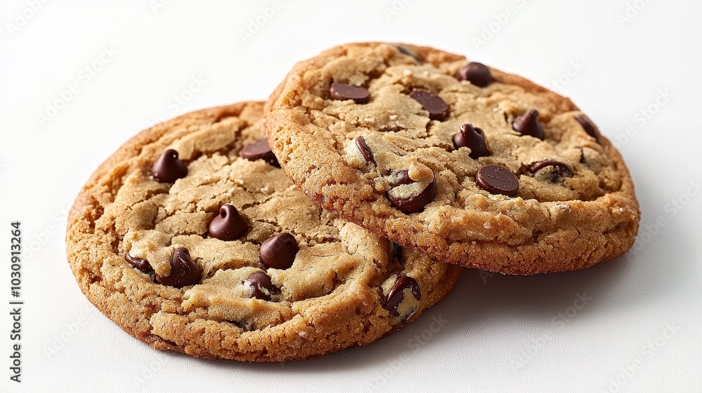 Two freshly baked chocolate chip cookies on a light surface, showcasing their chewy texture and golden-brown color. Two freshly baked chocolate chip cookies on a light surface, showcasing their chewy texture and golden-brown color.