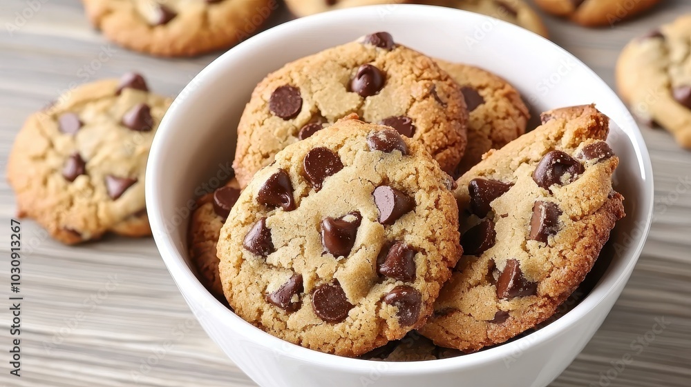 A bowl filled with delicious chocolate chip cookies, golden-brown and moist, with chocolate morsels peeking through. A bowl filled with delicious chocolate chip cookies, golden-brown and moist, with chocolate morsels peeking through.