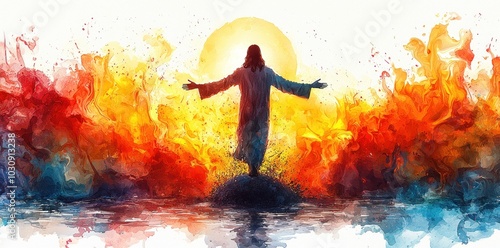 Jesus standing before fiery flames and radiant light in abstract watercolor style with outstretched arms Generative AI