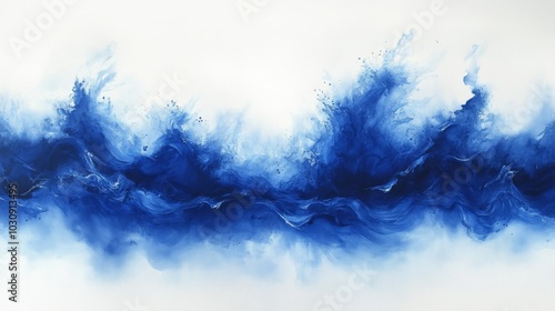 Abstract blue painting using acrylics and inks showing the power of the ocean as waves crash and tumble. The artwork has a layered effect