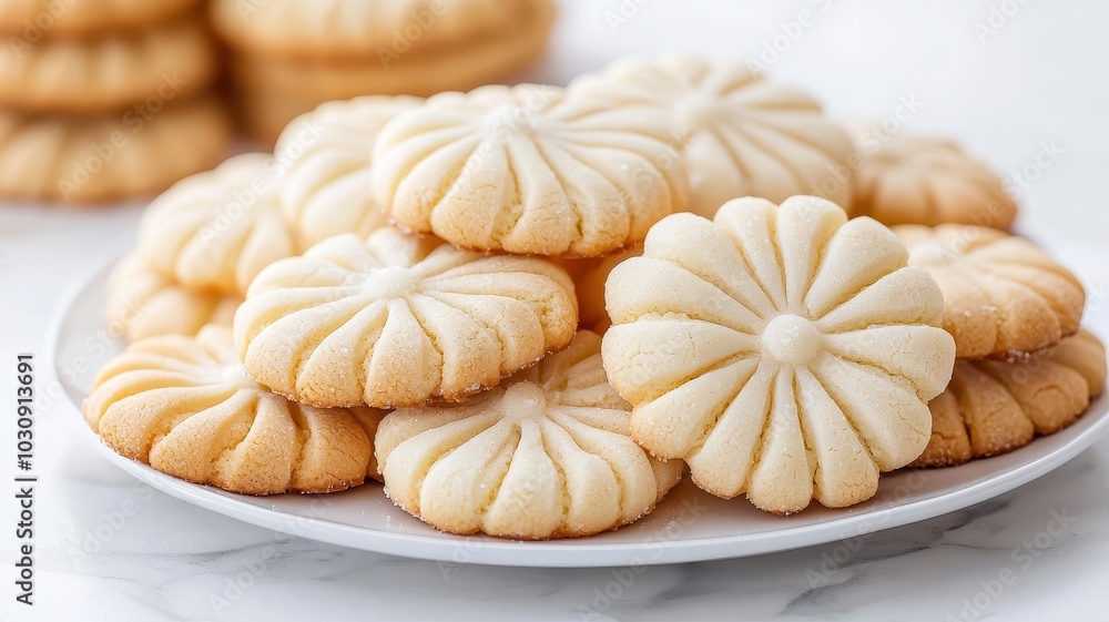 A plate of delicate, flower-shaped cookies, golden and lightly dusted, exuding a sweet aroma, perfect for gatherings or celebrations. A plate of delicate, flower-shaped cookies, golden and lightly dusted, exuding a sweet aroma, perfect for gatherings or celebrations.