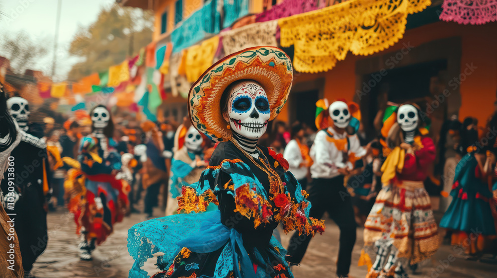 Fototapeta premium People with beautifully painted calavera faces (sugar skull makeup), dancing in the streets during the Day of the Dead festival, surrounded by bright papel picado (cut paper banners)
