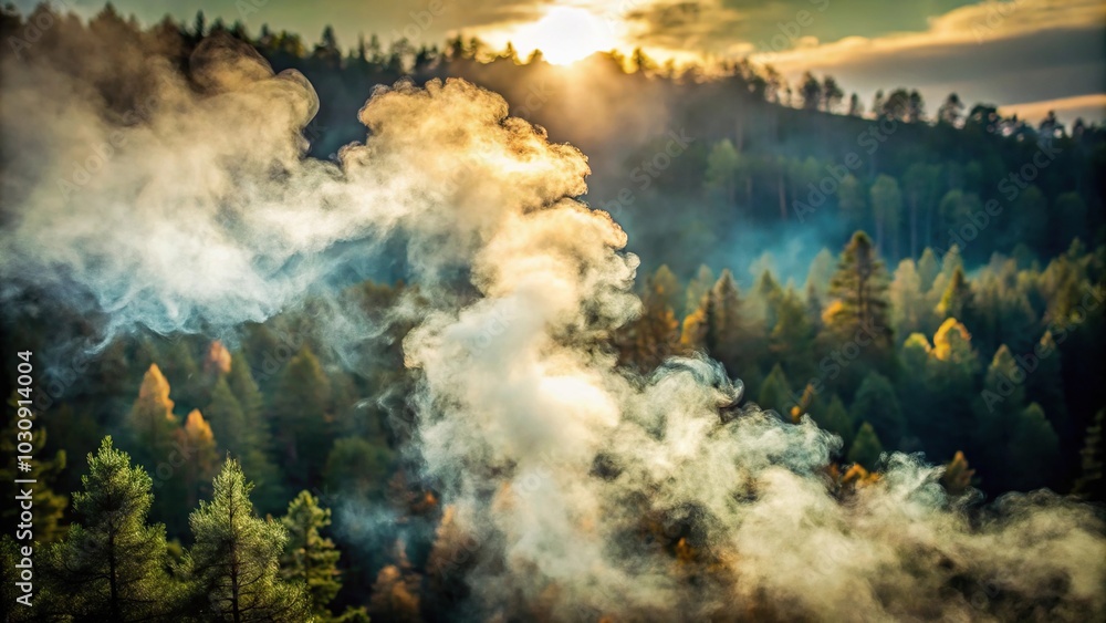 Depth of field image capturing smoke in misty cloud over forest background Depth of field image capturing smoke in misty cloud over forest background