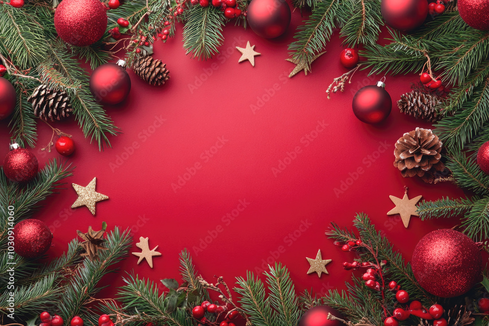 Festive christmas background with red ornaments and green pine branches Festive christmas background with red ornaments and green pine branches