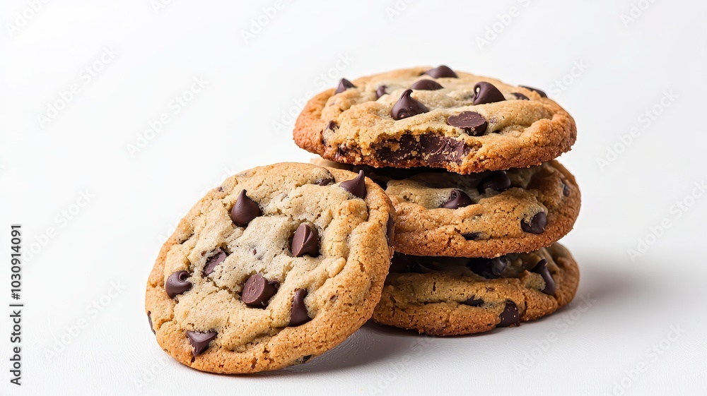 Deliciously baked chocolate chip cookies stacked on a white background, showcasing their golden brown edges and gooey chocolate chunks. Deliciously baked chocolate chip cookies stacked on a white background, showcasing their golden brown edges and gooey chocolate chunks.