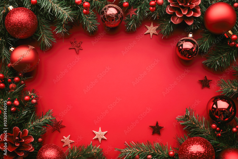 Festive red christmas background with baubles and pine cones Festive red christmas background with baubles and pine cones