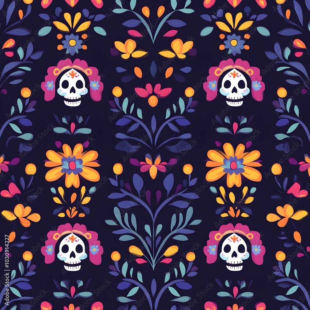 Day of the dead Seamless pattern skull and floral ornament with halloween illustration Background,generative ai Day of the dead Seamless pattern skull and floral ornament with halloween illustration Background,generative ai