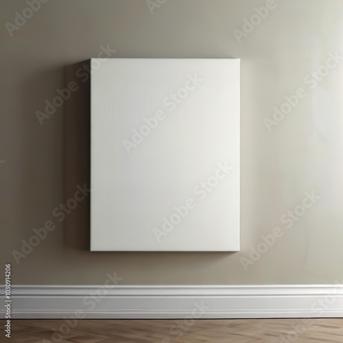 Minimalist interior canvas mockup with a blank canvas against a neutral wall. Perfect for displaying artwork or posters in a modern, clean space