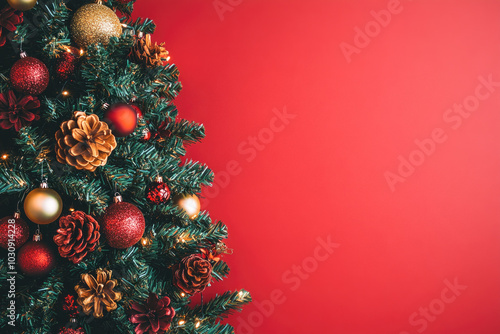 Wallpaper Mural Festive christmas tree with ornaments and pine cones on red background Torontodigital.ca