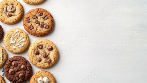 A collection of deliciously baked cookies arranged on a light surface, showcasing various toppings and textures, perfect for a sweet treat.