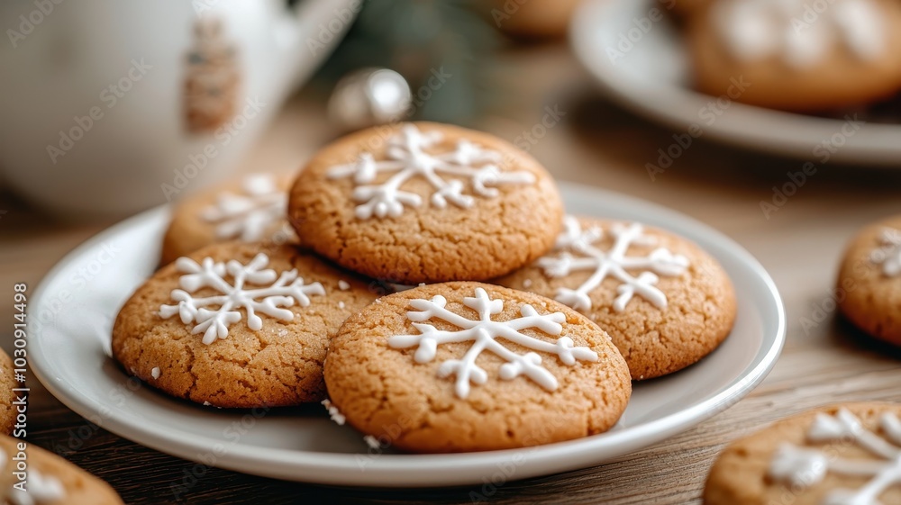 Decoratively iced cookies featuring snowflake designs, arranged on a plate, surrounded by festive decor, perfect for holiday celebrations. Decoratively iced cookies featuring snowflake designs, arranged on a plate, surrounded by festive decor, perfect for holiday celebrations.