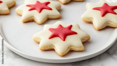 Festive star-shaped cookies with red icing, perfect for celebrations and holiday gatherings, arranged neatly on a white plate.