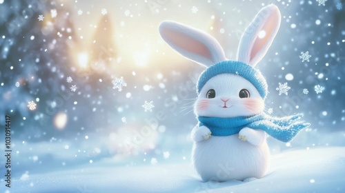 Cute bunny wearing a blue hat and scarf is enjoying a snowy day with snowflakes falling around. This magical winter scene is perfect for holiday-themed projects