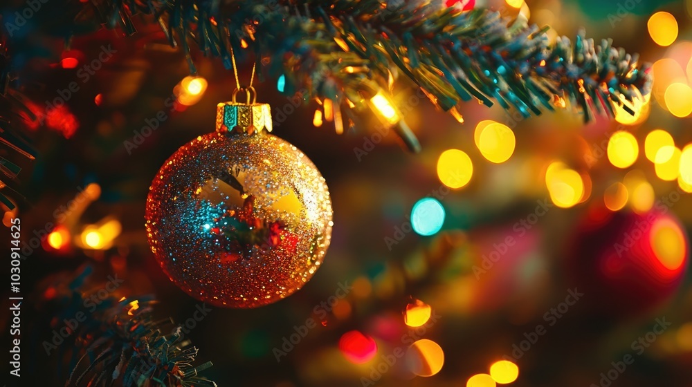 Fototapeta premium Golden glitter Christmas ball on fir tree, garland lights and colorful New Year background. Greeting card with copy space