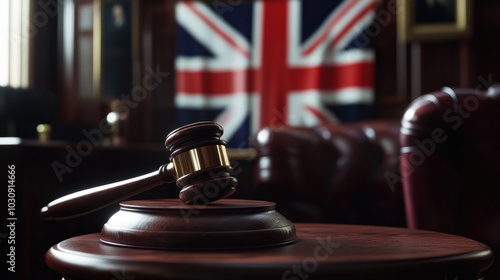 Judge wooden gavel with British flag in the background.