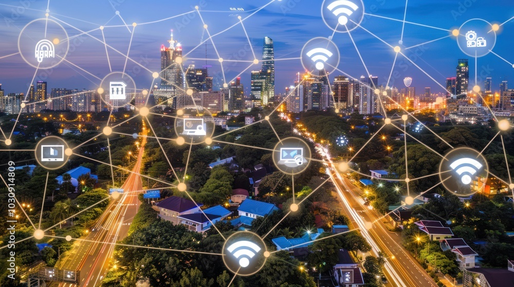 Nighttime Cityscape with Abstract Network of Wireless Connections Nighttime Cityscape with Abstract Network of Wireless Connections