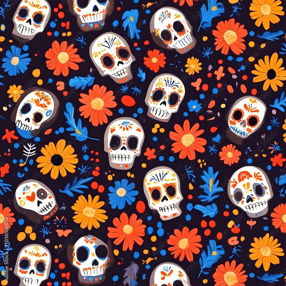 Day of the dead Seamless pattern skull and floral ornament with halloween illustration Background,generative ai Day of the dead Seamless pattern skull and floral ornament with halloween illustration Background,generative ai