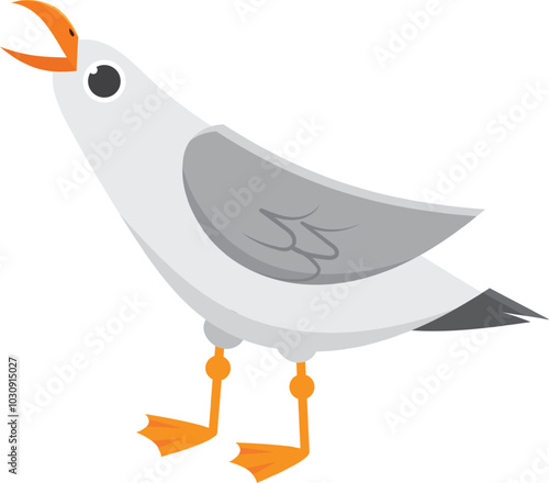 Whimsical cartoon seagull stands screaming with its beak open, in vibrant gray, white, and orange colors, perfect for web, print, or digital use