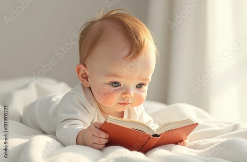 Curious baby discovering the world through a book in soft light