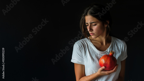 sad young Israeli woman wearing white t-shirt holding pomegranate isolated on dark background October 7th memorial day concept