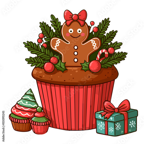 Gingerbread girl on a large Christmas cupcake, colored vector, flat colors, Christmas and New Year mood, transparent background