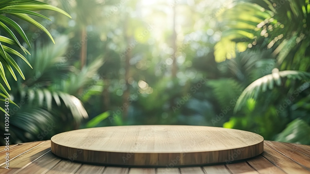 Wood tabletop podium floor in outdoors tropical garden forest blurred green leaf plant nature background.Natural product placement pedestal stand display