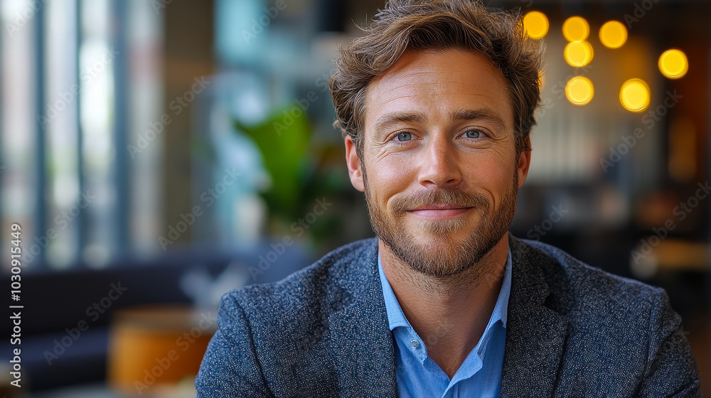 Fototapeta premium Confident Smiling Businessman Posing in Modern Office Setting with Warm Lighting and Plant Background