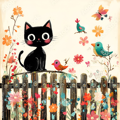 a cute black cat sitting on the edge of an old wooden fence, surrounded by colorful birds and flowers in whimsical watercolor style.  photo