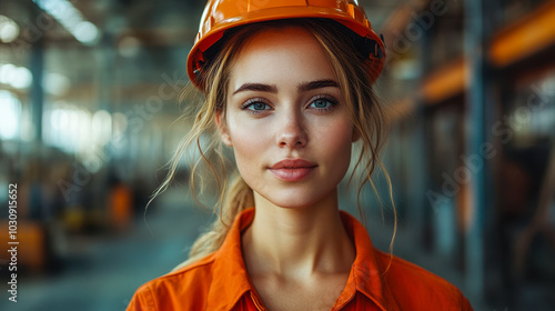 Portrait of a Serious Successful Female Heavy Industry Engineer Wearing Safety Uniform and Hard Hat in a Metal Manufacture Warehouse, Industrial Specialist, Confident Worker in Safety Gear