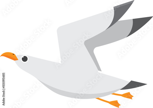 Whimsical cartoon seagull gracefully soars with spread wings. White body. Gray wingtips. And vibrant orange beak and feet