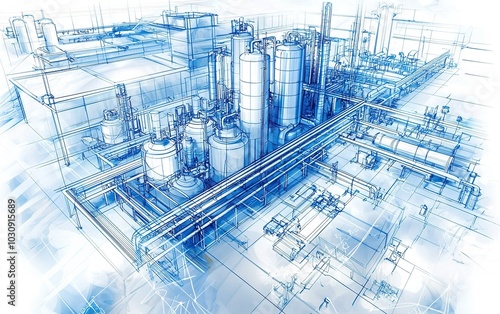 Industrial facility layout showcasing pipelines and processing units in a detailed blueprint design